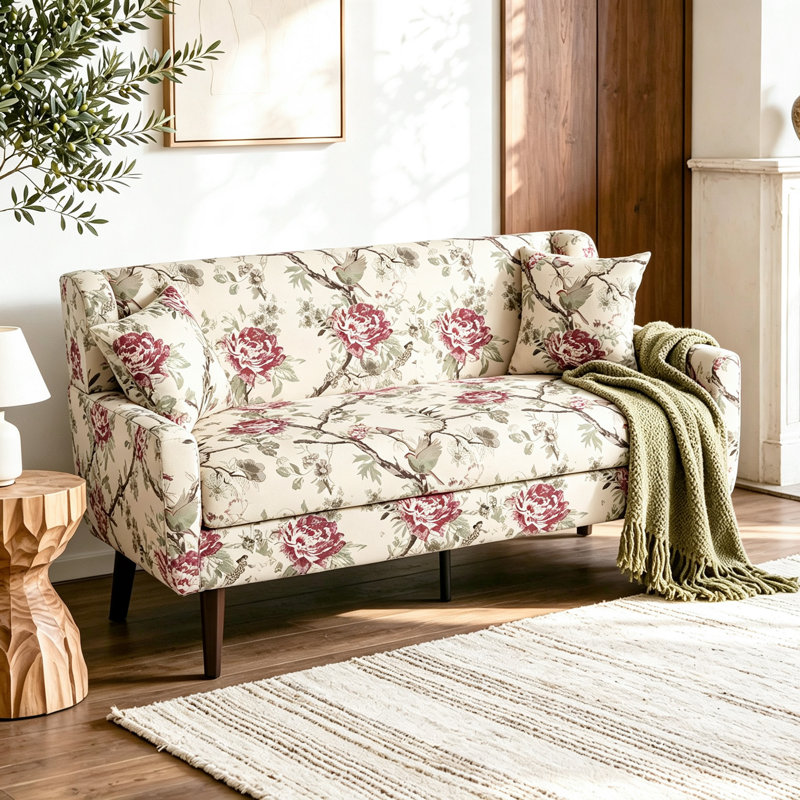 Davey Upholstered Linen Blend Button Tufted Square Arm Loveseat, PATTERN FLORAL Linen Blend