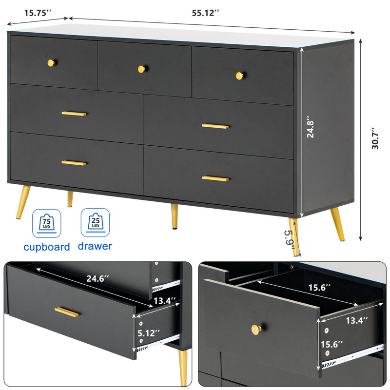Commode 7 tiroirs 55,25 po, Noir