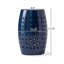 Table d'appoint extérieure bleue en métal, en forme de tonneau avec découpes en dentelle
