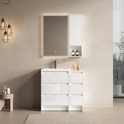 Meuble-lavabo autoportant 36 po pour salle de bain avec lavabo en résine, une armoire de rangement et une armoire murale, tiroirs à fermeture en douceur, finition blanc brillant