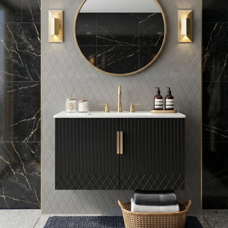 Ensemble de meuble-lavabo mural 30 po avec lavabo en céramique, armoire à 2 portes en bois massif et tablette, Noir