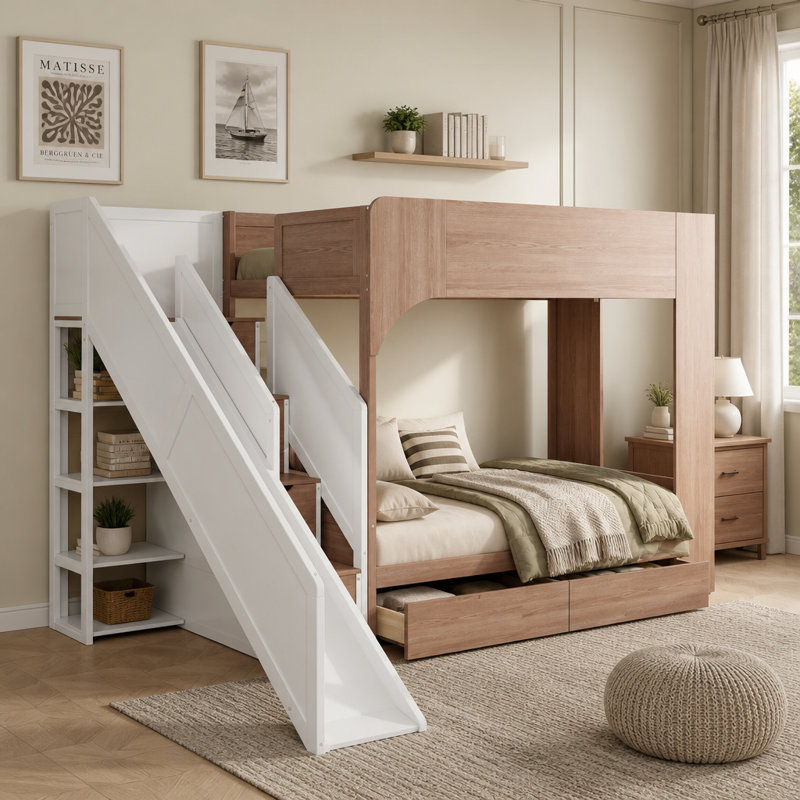 Bunk Bed with Slide, Storage Stairs, Shelves, and 3 Drawers, Lit simple