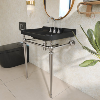 28" Wall-Mounted Ceramic Vanity Basin With Freestanding Stainless Steel Support Legs With Towel Bar