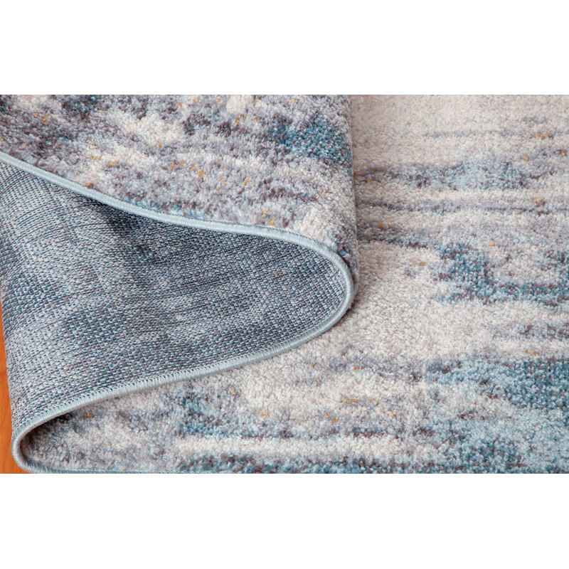 Tapis bleu / gris / blanc en polypropylène tissé à la machine à motif abstrait, Rectangle 3 pi 3 po x 4 pi 11 po
