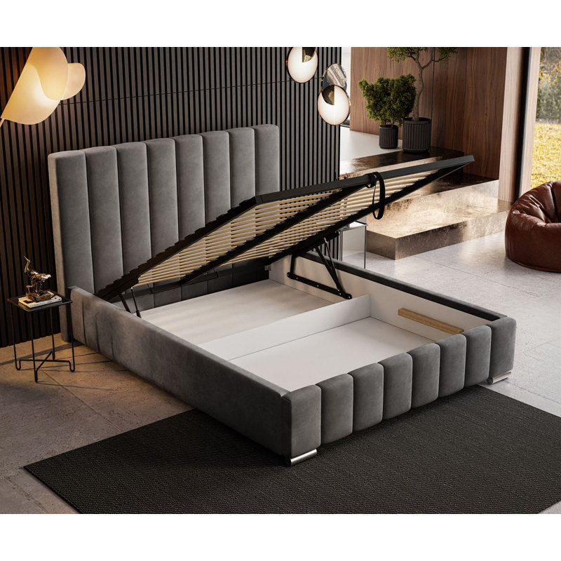 Emiljan Velvet Upholstered Bed, Dark Grey, 160 x 200cm