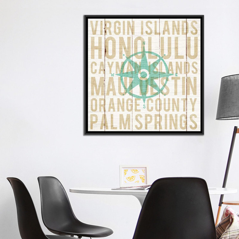 «Bon Voyage Series: Compass», art textuel sur toile, H 18 po x l 18 po x P 1,5 po, Toile avec cadre noir, Pas de tapis