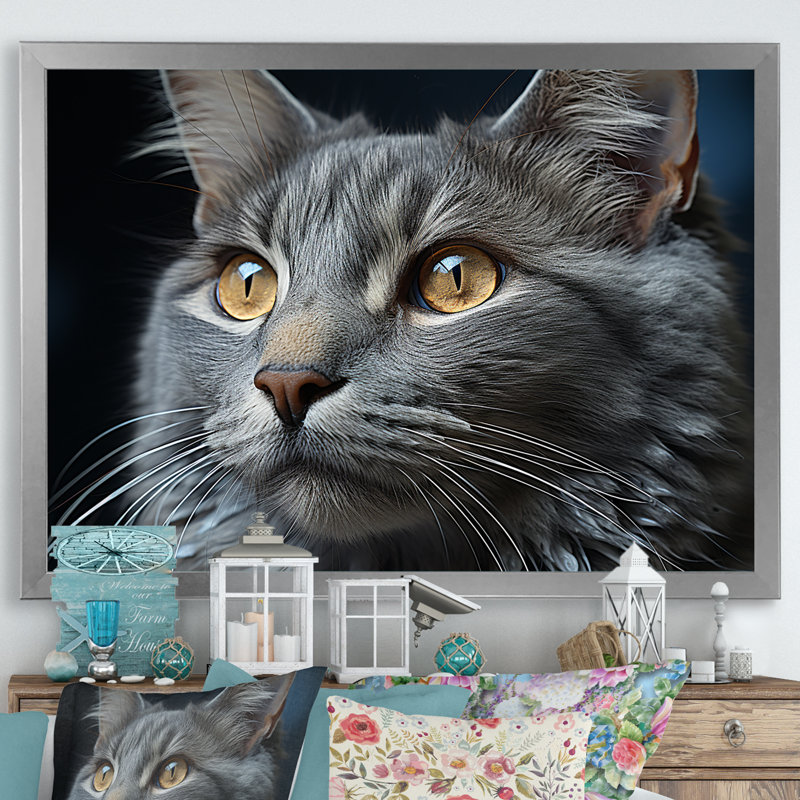 «Chartreux Contemplation Cat Eyes I», reproduction d'art mural, H 16 po x l 32 po x P 1 po, Cadre simple argenté
