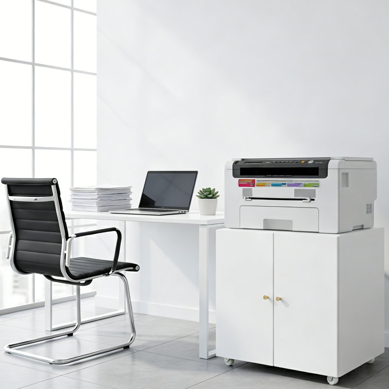 Porte-imprimante en métal de style moderne avec porte réglable et classeur sur roulettes pour bureau à domicile, Blanc