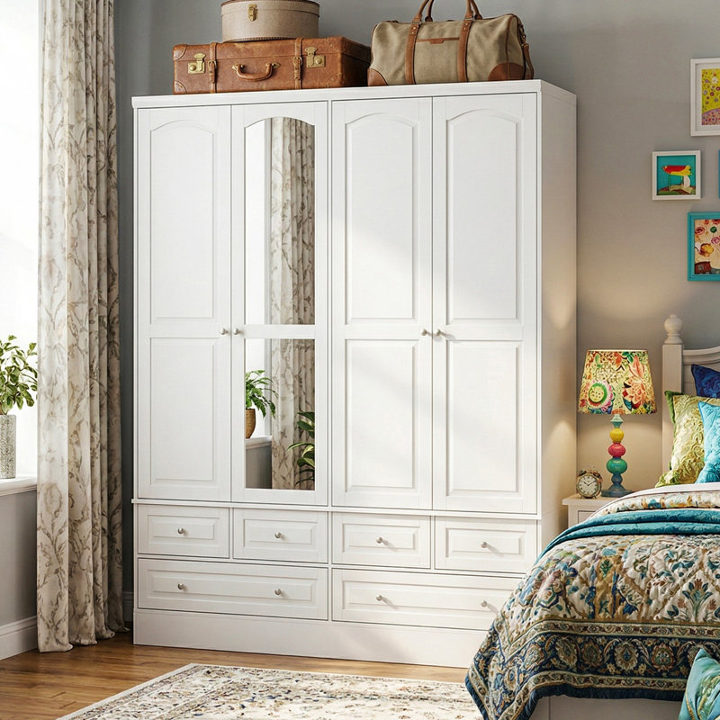 Armoire 4 portes 6 tiroirs avec miroir, Blanc