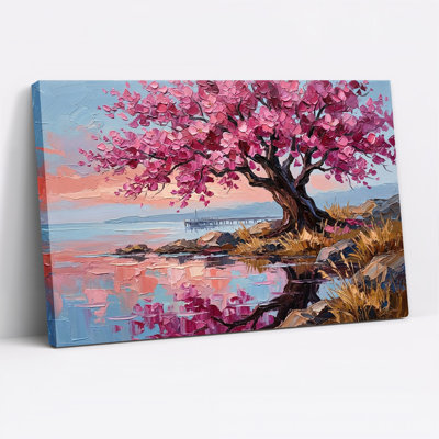Tableau sur toile représentant un arbre en fleurs roses au bord de l'eau avec une jetée et un ciel pastel