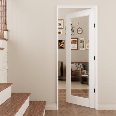 Interior 1‑Lite Clear Glass Door, CARB P2 MDF Prehung Door with SGCC Certified Tempered Glass, with Jamb Kit, Seal Strip, Black Hinges & Right Hand Inswing, Pre‑Finished & Easy DIY Stain, Pantry, Bedroom, Bathroom & Closet, 30"x 80"