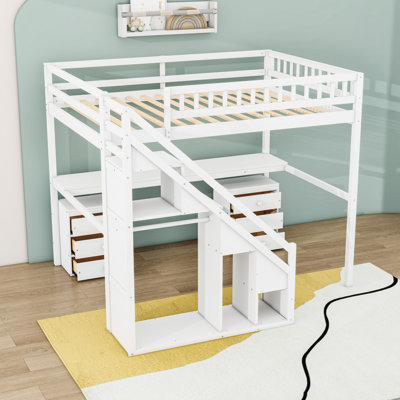 Lit mezzanine en bois avec tiroirs et bureau intégré avec DEL et escalier