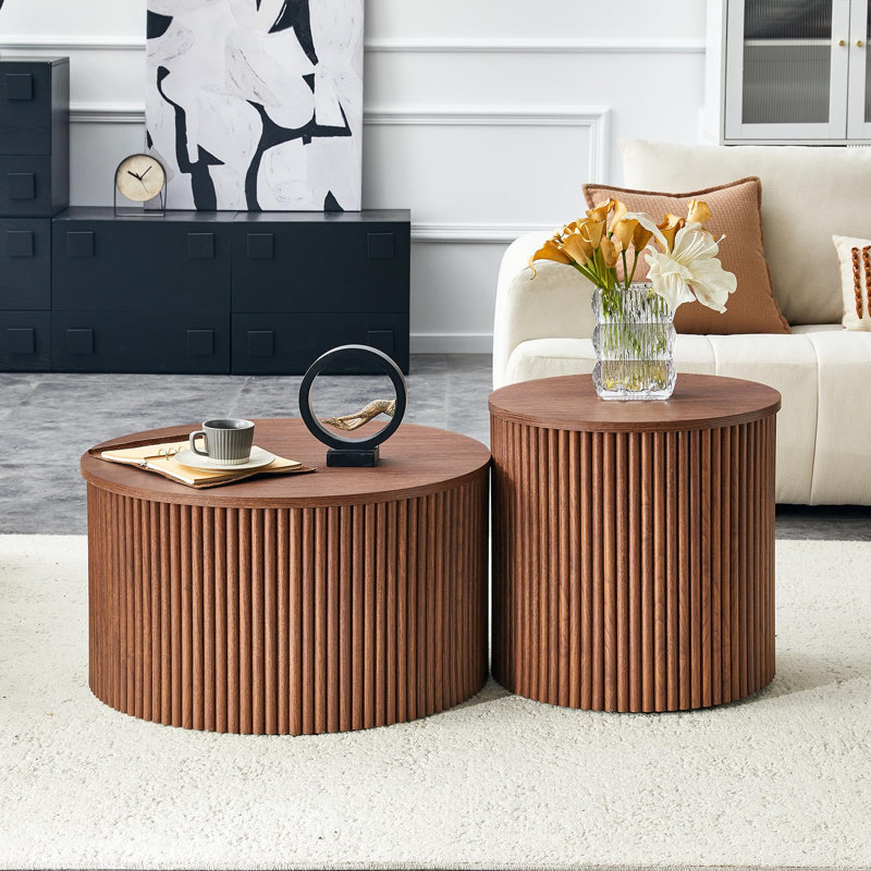 Roman Column Nesting Coffee Tables, 2-Piece Set with Built-in Storage, Walnut Grain Finish, Walnut