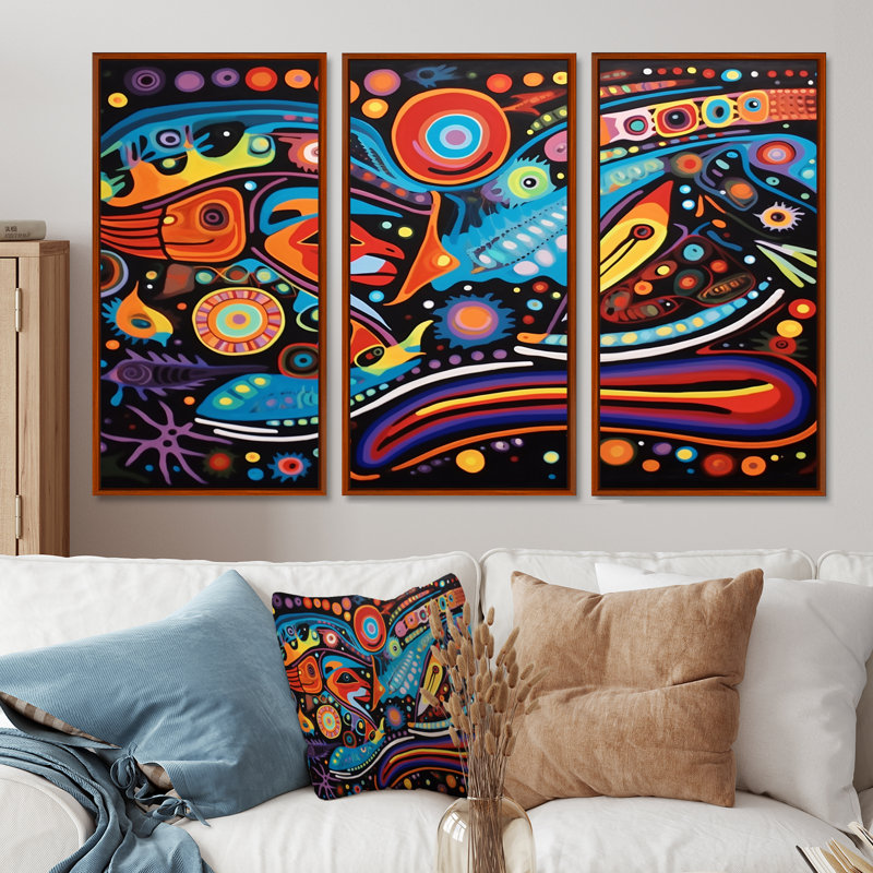 Indigènes composition grand mystère - ensemble d'art mural amérindien, H 40 po x l 60 po x P 1 po, Cadre flottant brun
