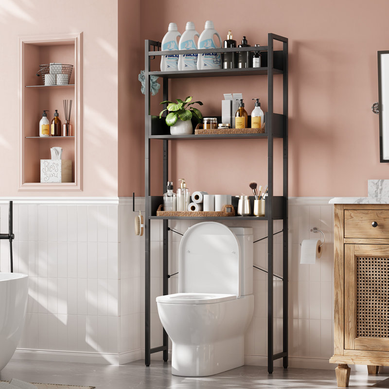 Organisateur de rangement au-dessus de la toilette, tablette en bois à 3 niveaux avec structure en métal et crochets, support de salle de bain peu encombrant pour entrée de salle de bain