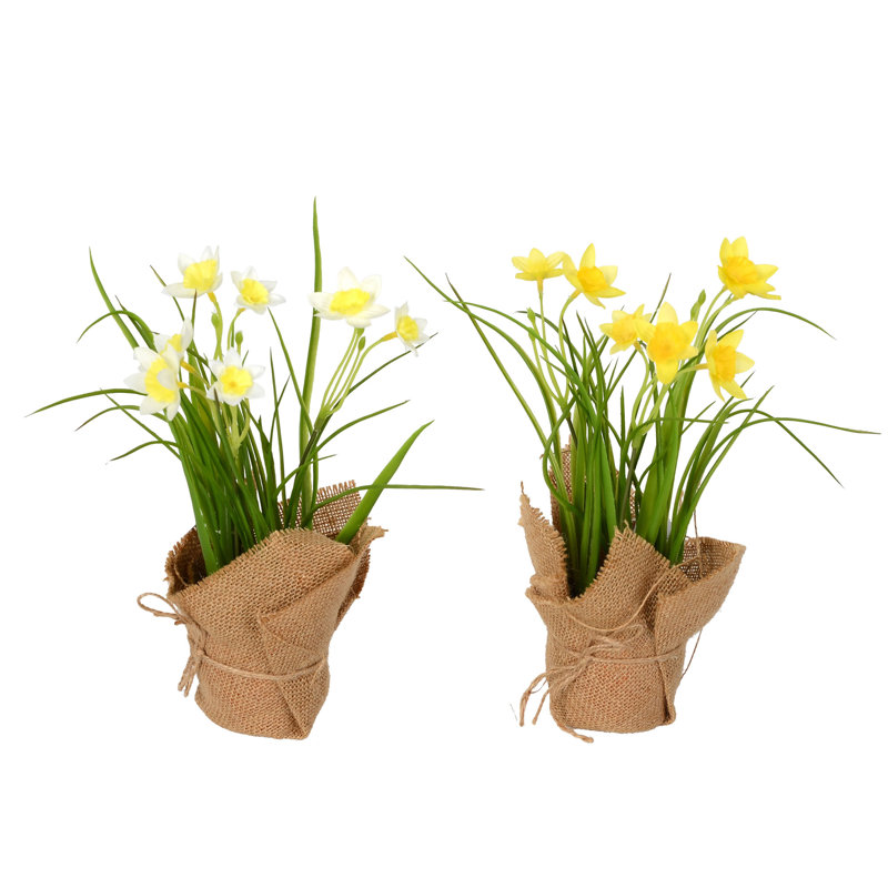 10'' Yellow and White Artificial Daffodil Burlap Potted Arrangement