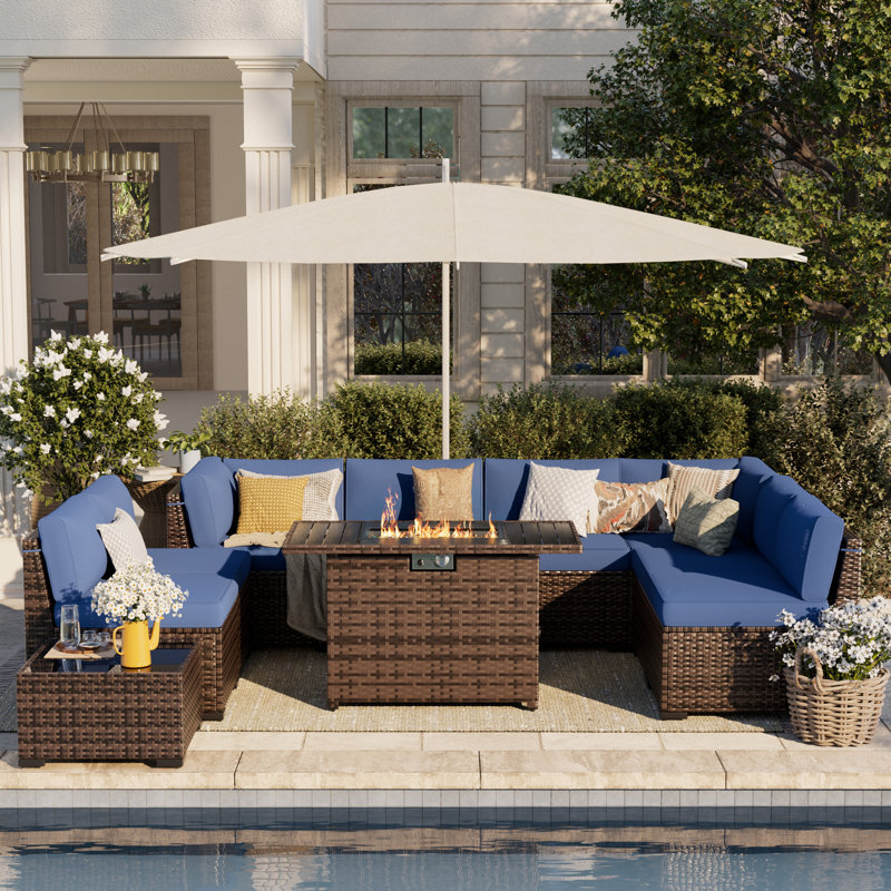 Avamay Rattan Sectional Seating Group with Cushions, Navy Blue Performance Microfiber, Yes