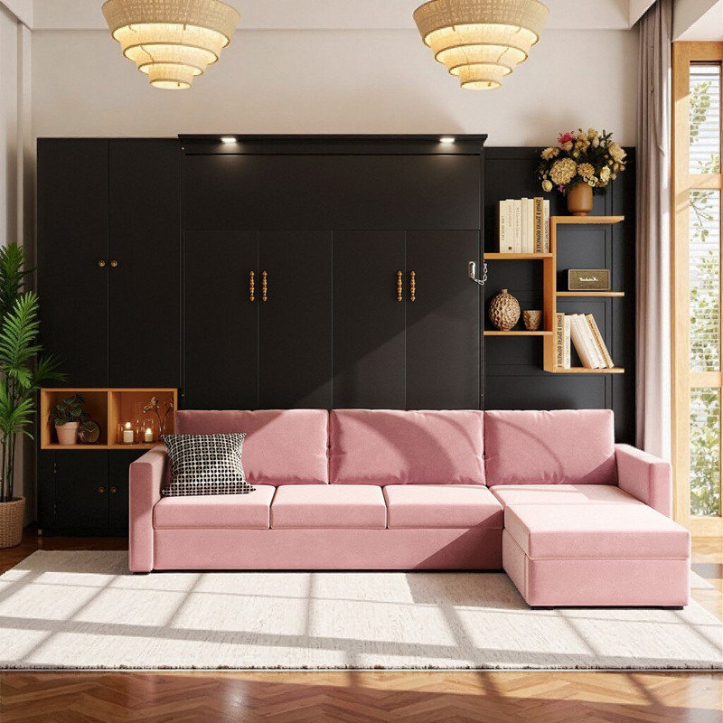 Queen Murphy Wall Bed With Sofa Storage Shelves & Cabinets Dual Lighting, Black