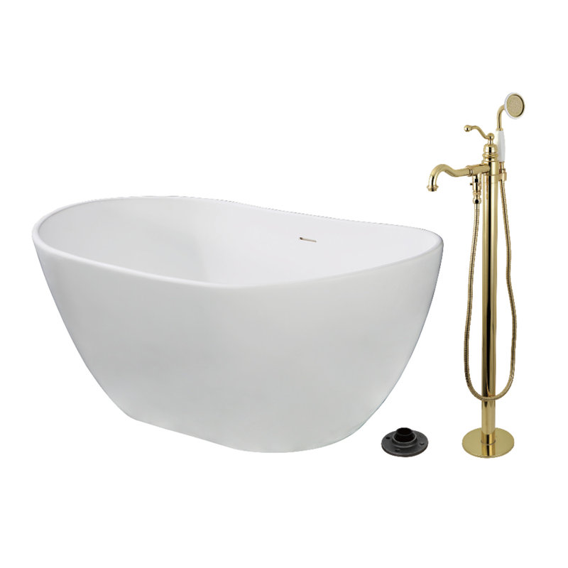 Kingston Brass Arcticstone 57-Inch Solid Surface Oval Double Slipper Freestanding Tub With Faucet Combo And Drain