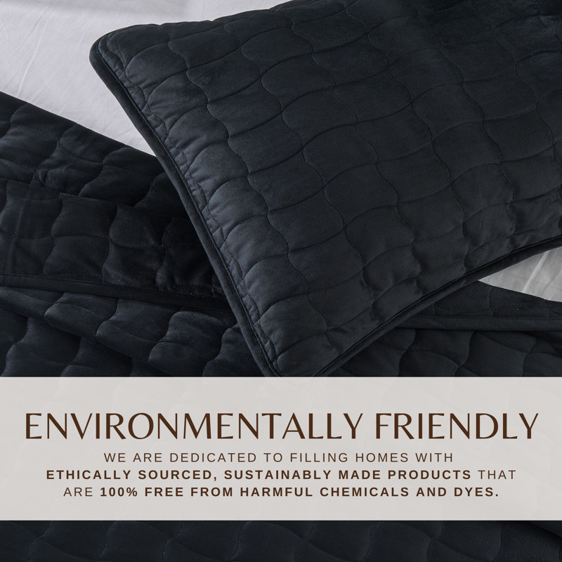 Sitched Velvet Quilt Set, California King Quilt + 2 King Shams, Black