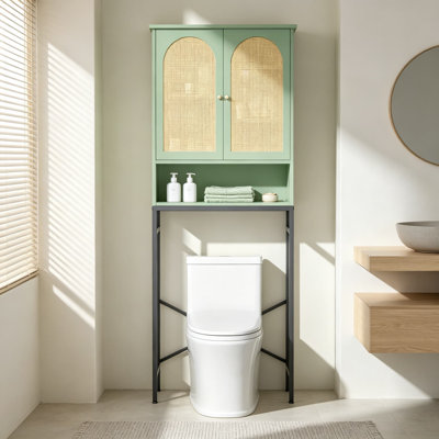 Meuble de rangement pour toilettes en rotin, organisateur de salle de bain en bois avec tablette réglable, meuble gain de place avec support en métal, porte vert naturel pour petites salles de bain, étagère pour laveuse