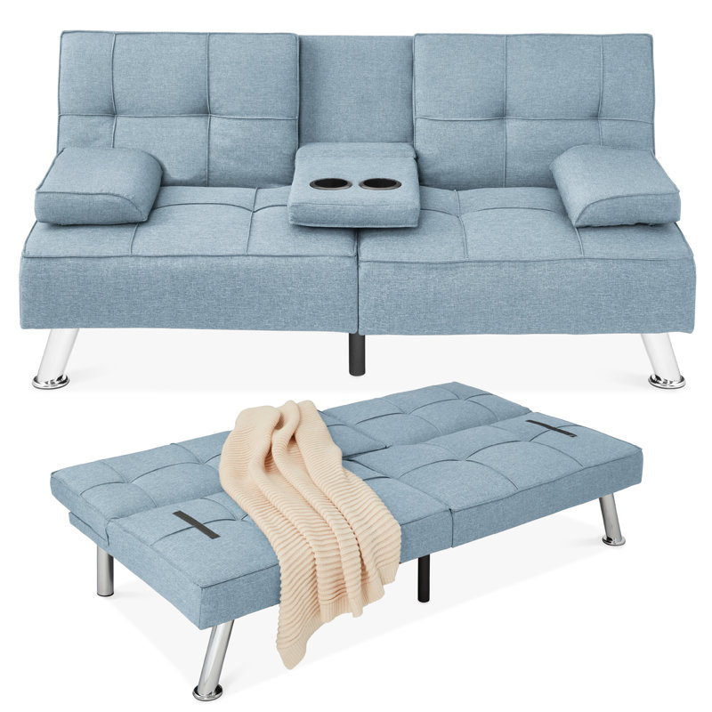 Latsia Modern Linen Convertible Futon Sofa Bed w/ Removable Armrests, Metal Legs, Cupholders, Light Blue