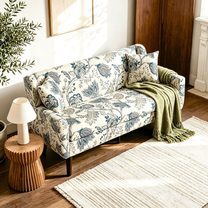 Davey Upholstered Linen Blend Button Tufted Square Arm Loveseat, PATTERN LEAF Linen Blend
