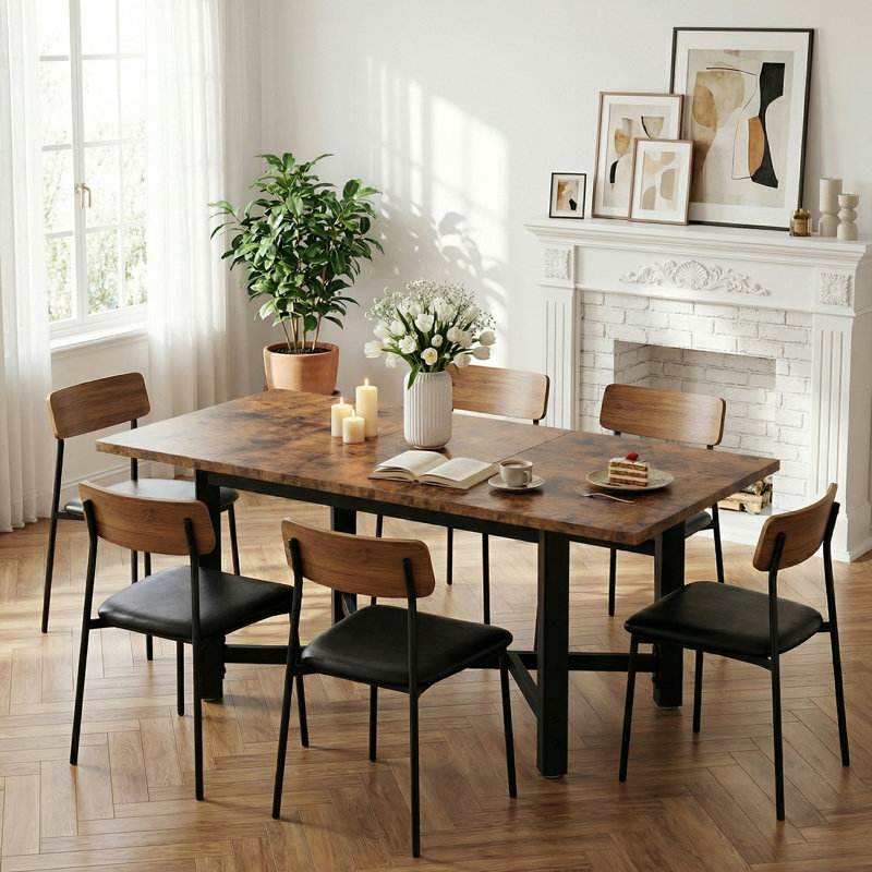 Aveline Extendable Dining Table 47" To 63" - Expandable Table With X-Brace Metal Legs, Smooth Glide Mechanism, Seats 6-8, Space Saving For Small Areas