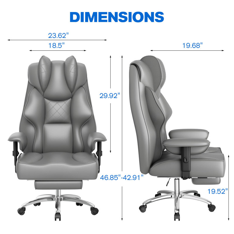 Big and Tall Managerial Chair with Massage Lumbar Support, 400lbs Heavy Duty Office Chair with Foot Rest, Ergonomic High Back PU Leather Executive Chair with 3D Saddle Shaped Cushion for Home Office, Gray