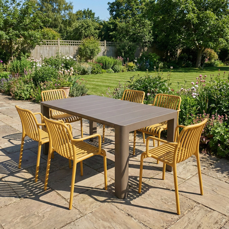 Carachure 6 - Person Plastic Patio Dining Set Rectangular Table, Grey/Yellow