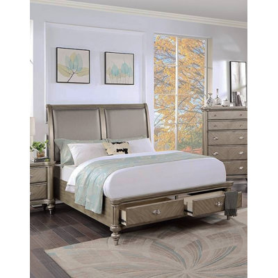1Pc Eastern King Size Bed Two Panel Upholstered Headboard Footboard Drawers Antique Silver Finish Bedroom Furniture