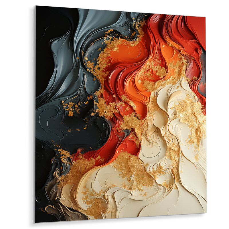 Rouge et or marbre volcan IV - art mural abstrait en métal, H 20 po x l 12 po x P 1 po