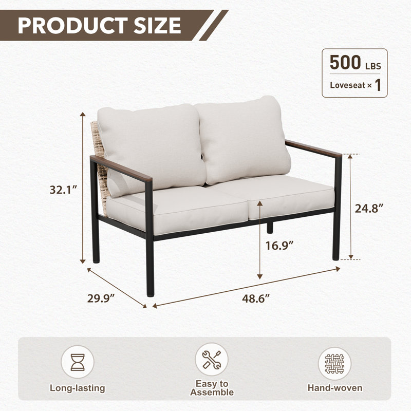 Causeuse avec accoudoirs et coussins en bois, Beige