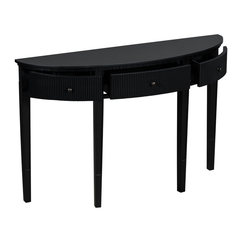 Console minimaliste noire avec tiroirs à rayures verticales et quatre pieds en pin massif pour un espace de vie élégant