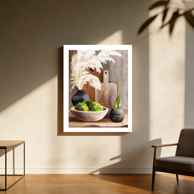 «Pampas Grass Kitchen Still Life», art mural encadré en bois à l'arrière, 30 x 20