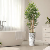 Artificial Tree in Black White Wood Tree Rings Pattern Planter Fake Bamboo Silk Tree