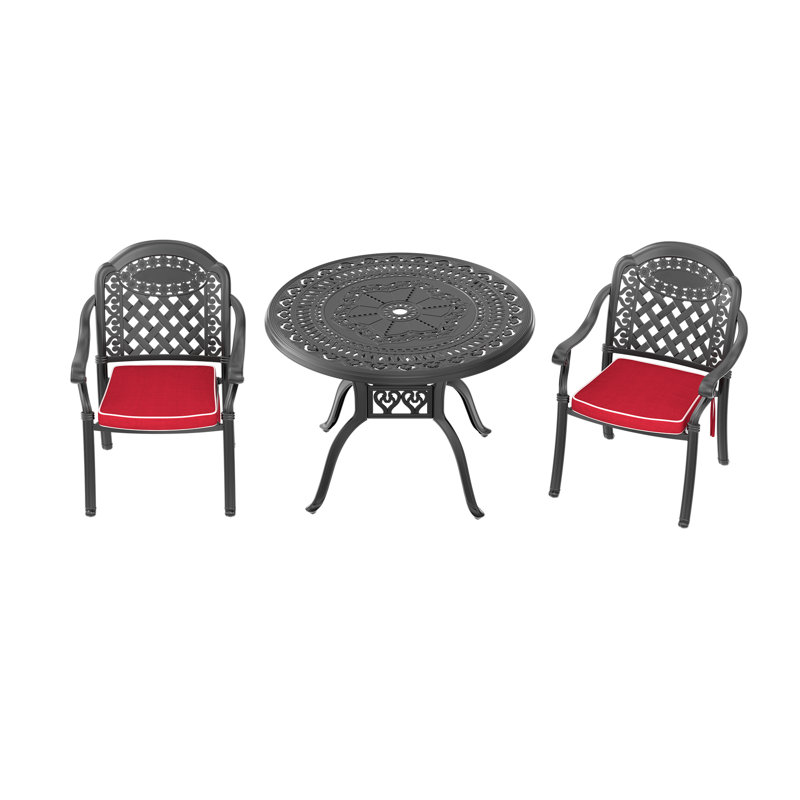 Ensemble de bar 3 pièces de mobilier de patio en aluminium coulé avec coussins rouges