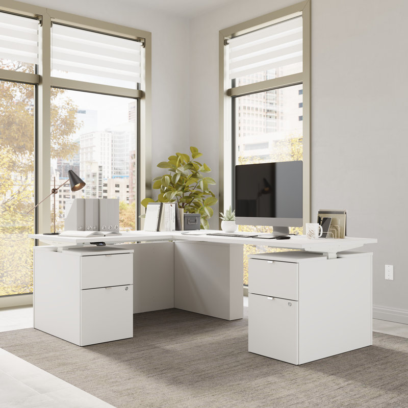 Bureau debout à hauteur ajustable en L avec tiroirs Bush Business Stratus, Blanc