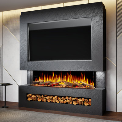 Evolution Fires Pre-Built Media Wall Package 11, finished in textured Venetian Plaster, includes Advance Series 1500 3-Sided Electric Fireplace
