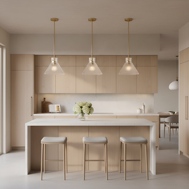 Luminaire suspendu de cuisine 1 lumière Liouet en laiton satiné avec abat-jour côtelé transparent, Laiton satiné
