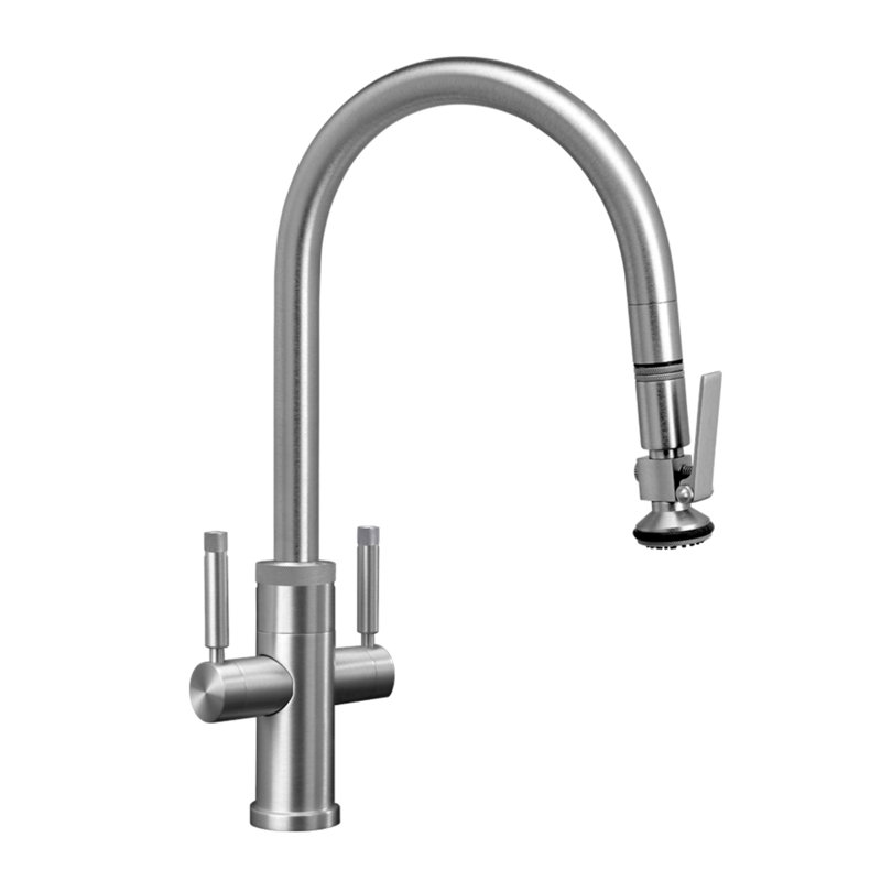 Industrial 2-Handle Lever Spray Angled Spout Pull-Down Kitchen Faucet, Satin Nickel
