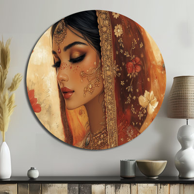 Bride in Henna and Gold - Mughal Round Metal Wall Decor