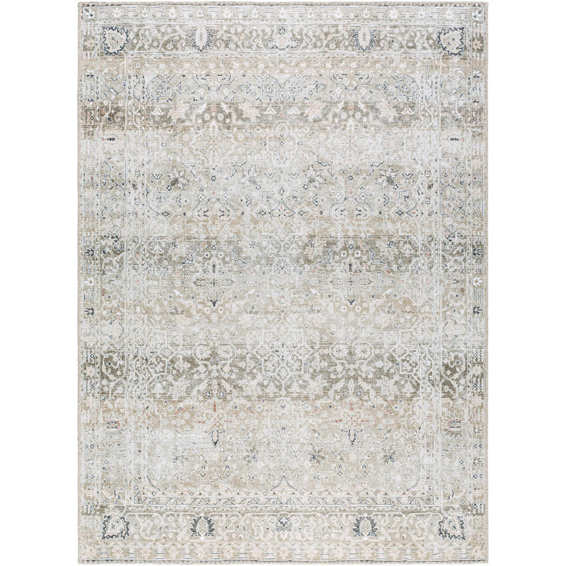 Sage Green Polyester Washable Traditional Area Rug, 3'3" x 4'11"