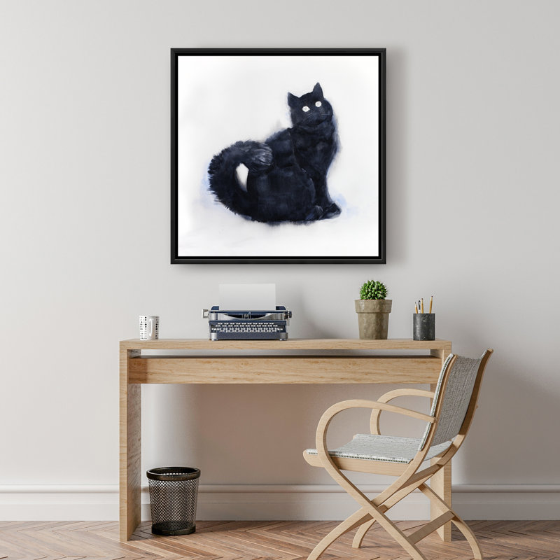 Furry Black Watercolor Cat - Framed Canvas for Home Decor