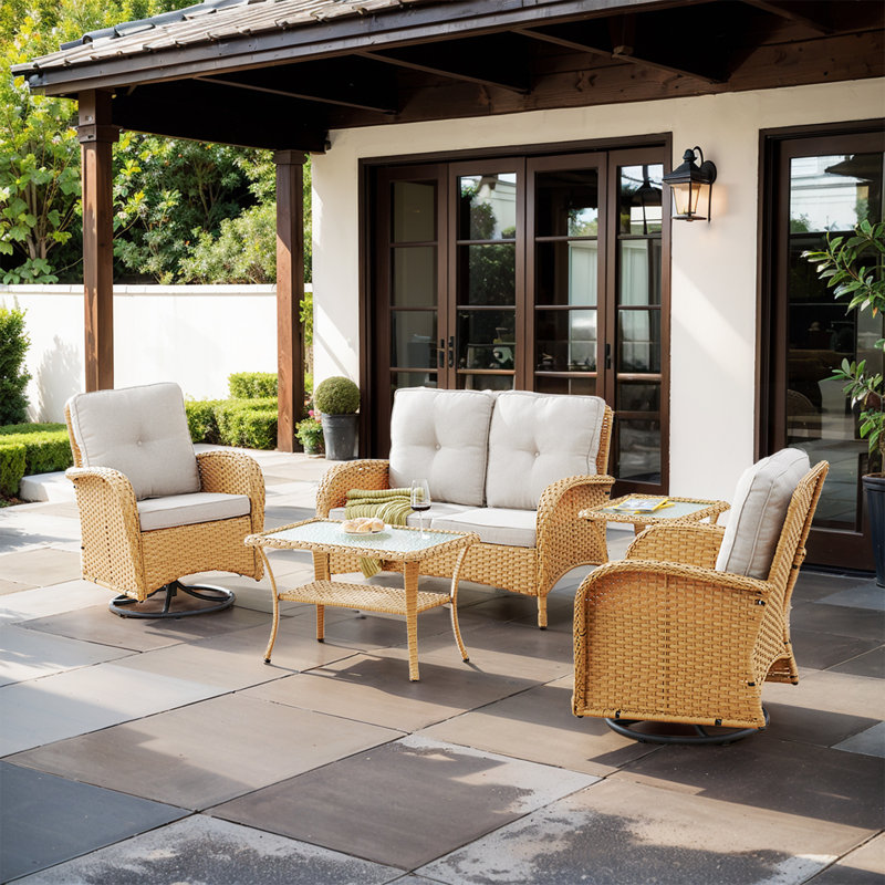 Aluel 5-Pieces Outdoor Patio Loveseat Seating Group With Cushions, Yellow, Beige