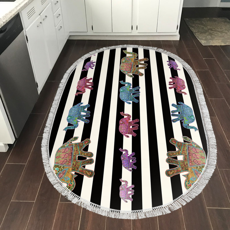 Tapis ovale en polyamide noir / blanc / brun tissé à la machine, Ovale 5 pi 3 po x 7 pi 7 po