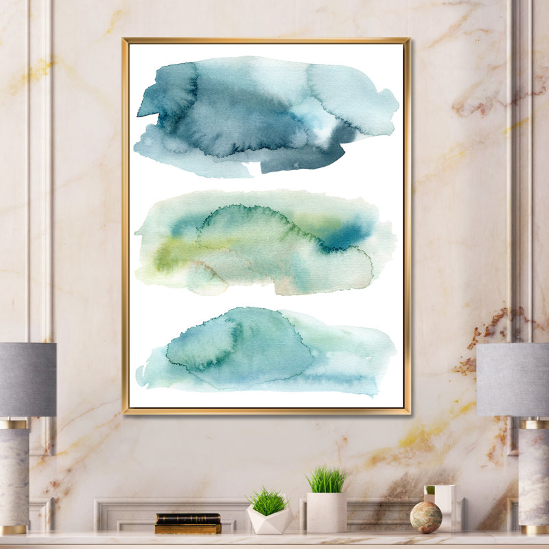 «Blue and Green Clouds I», peinture sur toile à cadre flottant, H 32 po x l 16 po x P 1 po, Toile encadrée d'or