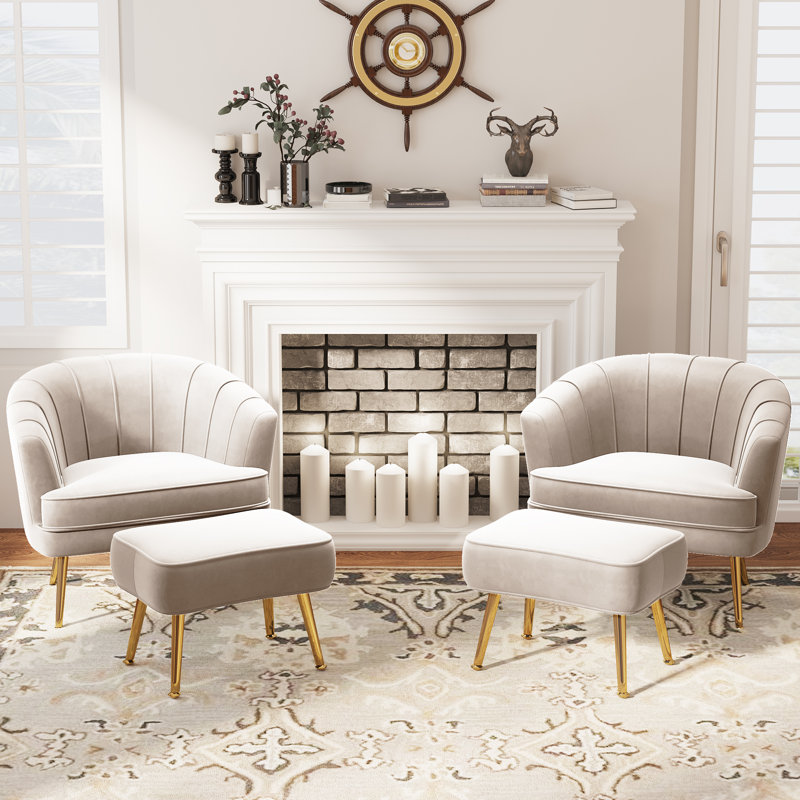 Latonia Upholstered Barrel Chair with Ottoman, Ivory Velvet