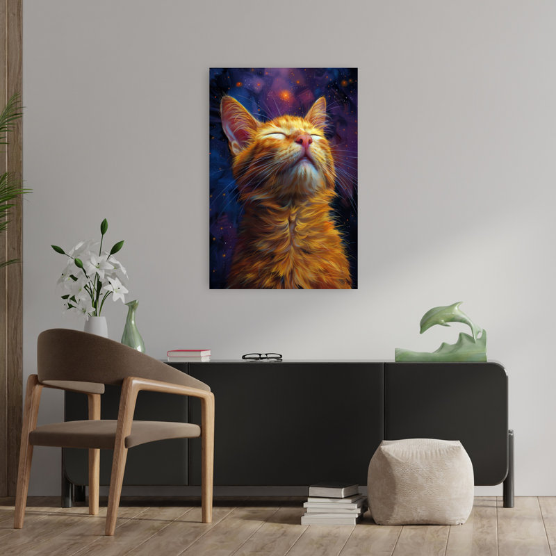 Celestial Orange Cat Dreamy Peaceful Abstract Cat Portrait Landscape Wall Art Print 1 Piece Wrapped Canvas Wall Art
