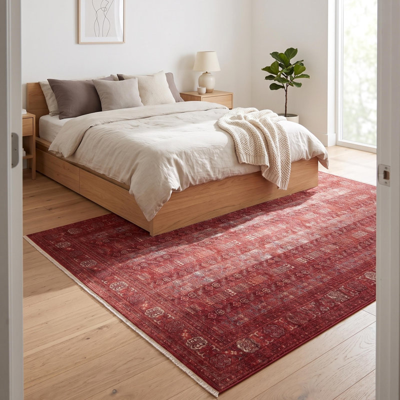 Tapis de sol surdimensionné en polyester tissé à la machine, motif oriental traditionnel bourgogne